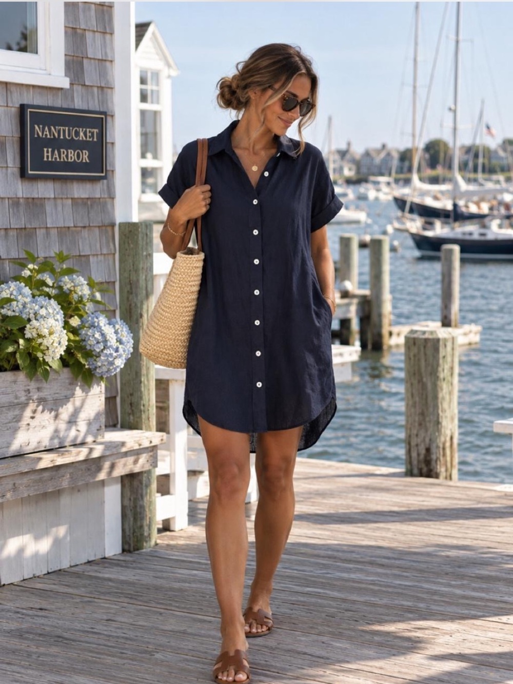 J.Crew Navy 100% Linen Shirt Dress Button Front Curved Hem Short Sleeve M
